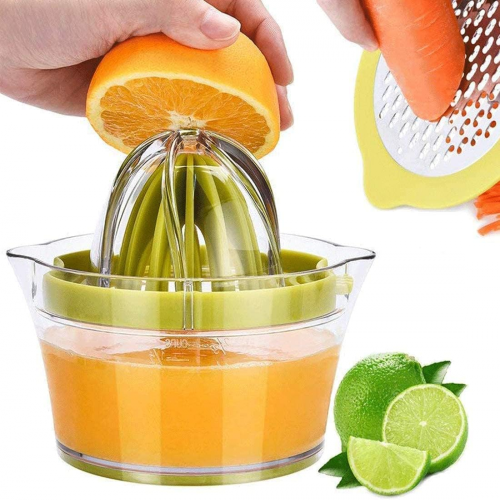 Spremiagrumi manuale per limoni e arance con misurino e grattugia integrati, 355 ml, verde.