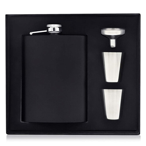Hip Flask Set Black 8 oz with Funnel and 2 Glasses