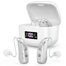 Aparelhos auditivos retroauriculares (BTE) compatíveis com idosos. Aparelho auditivo recarregável compatível com surdos. Amplificador de som