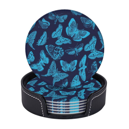6 Leather Coasters with Butterfly Engraving