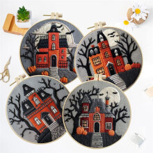 4-Pack Halloween Castle Embroidery Kit for Beginners: Fall Pumpkin and Black Tree Bat -Stitch Kit