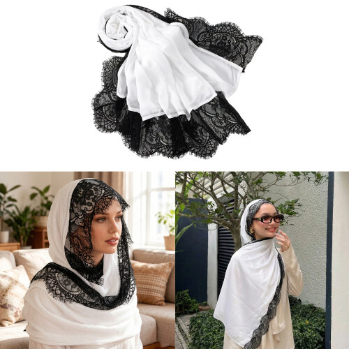 Longue écharpe Turban élégante bordée de-Blanc 100x200cm 2