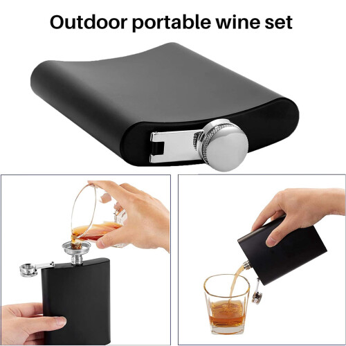 Hip Flask Set Black 8 oz with Funnel and 2 Glasses 1