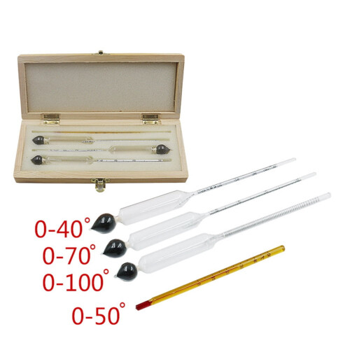 Alcoholhydrometerset met thermometer en houten doos 2