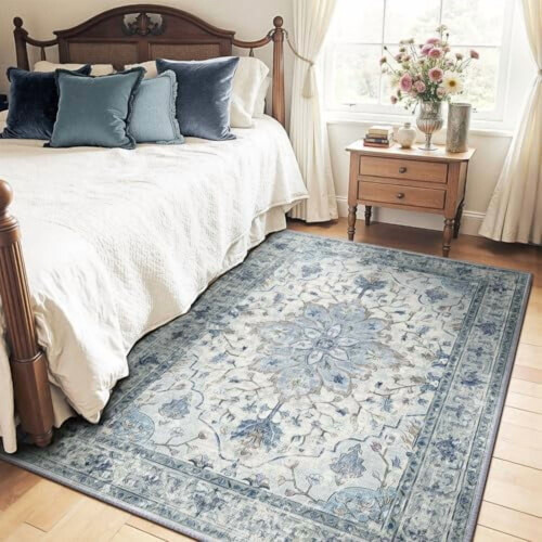 1,2 x 1,8 m maskinvaskbart blomsterteppe i vintage-stil