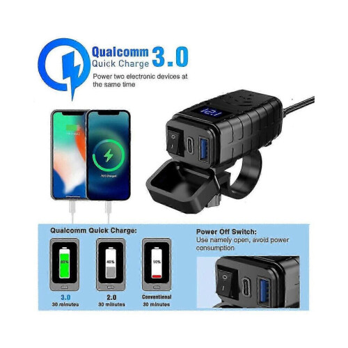 Conector de carregamento rápido USB para motocicleta PD3.0+QC3.0 com voltímetro digital para celular. 2