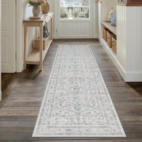 Blått vintage vaskbart løperteppe 6x2,4 m