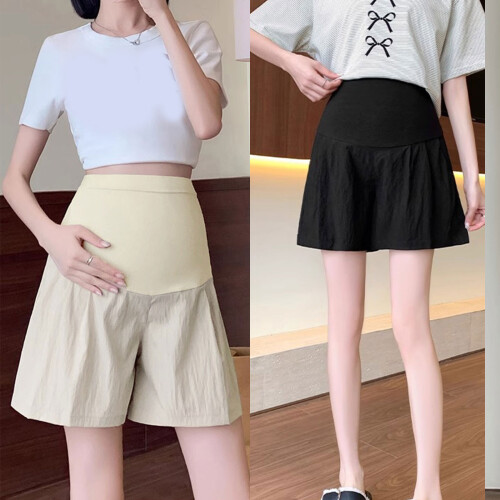 Breathable Polyester Pregnancy Shorts Flexible Elastic-Beige L 1