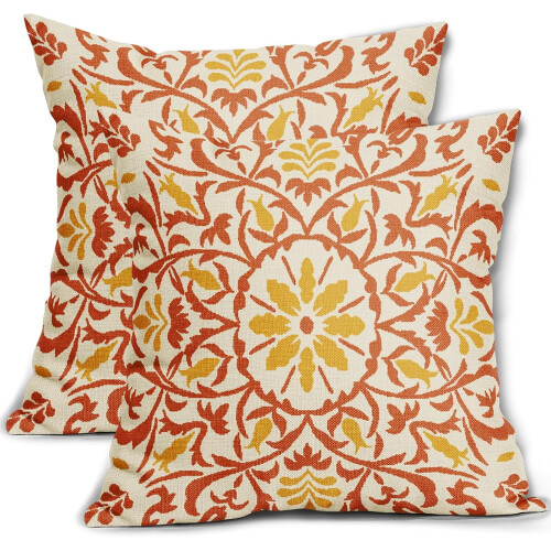 Conjunto de 2 capas de almofada boho em linho laranja e amarelo, 50x50cm (20x20 polegadas).