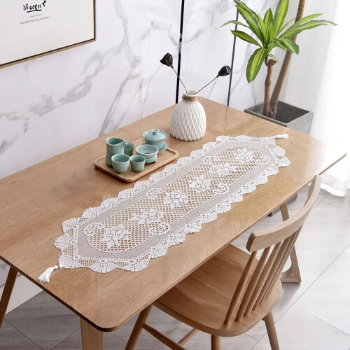 QUTETN white cotton lace table runner rectangular 1