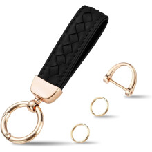 Porte-clés en cuir véritable avec anneau en D rotatif et 2