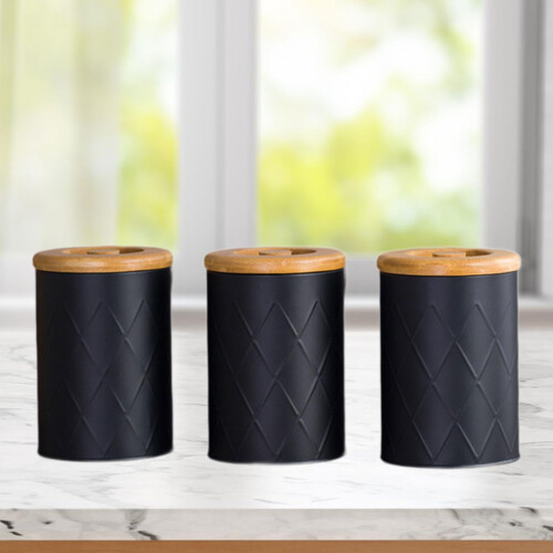 Conjunto de 3 potes de cozinha em ferro galvanizado com tampas de bambu