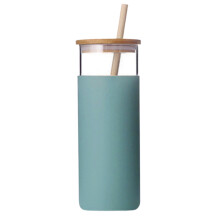 500-ml-Glaswasserflasche mit Bambushülle und Strohhalm