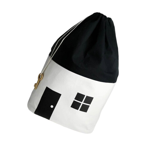 Black White Cotton Toy Organizer Drawstring Pouch-White