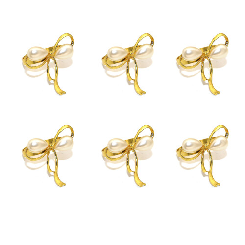 Lot de 6 anneaux de serviette élégants en perles,-or