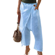 Women’s Linen Harem Pants Loose Fit Beach Pants-Light Blue S