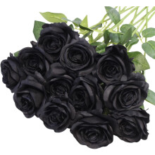 Rose artificiali nere in seta, 12 pezzi, gambo lungo