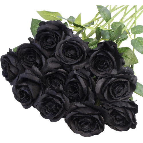 Rose artificiali nere in seta, 12 pezzi, gambo lungo