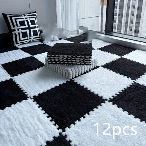 (Black 6, White 6, 30*30cm*1cm(12pcs)) 12pcs Velvety Braided Rectangular Rugs | Machine Made, Polyester, Hand Wash Only, Solid Color, Thickness