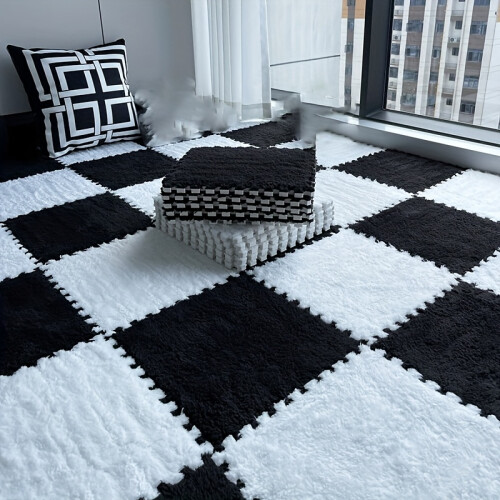 (Black 6, White 6, 30*30cm*1cm(12pcs)) 12pcs Velvety Braided Rectangular Rugs | Machine Made, Polyester, Hand Wash Only, Solid Color, Thickness 1