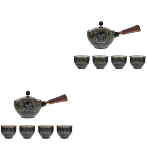 2Sets Portable Black Ceramic Tea Pot Rotatory Design Heat Resistant 2