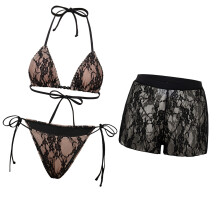 Maillot de bain design en trois pièces, texture en tissu-Noir XS
