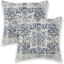 Housses de coussin bohèmes en lin 50x50 cm, motif ethnique bleu et blanc, lot de 2