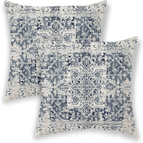 Boho Örngott Linne 20x20 Blå Vit Etnisk Design 2