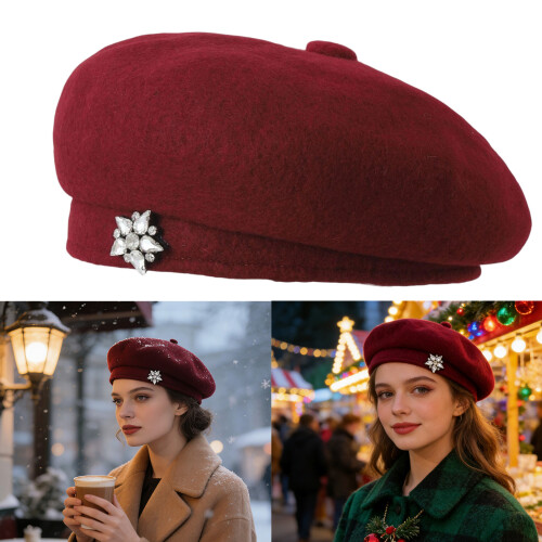 Luxury Beret Thickened Winter Hat with Rhinestones Decors-White 2