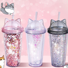 Garrafa de água reutilizável de plástico com parede dupla e desenho animado de gato.