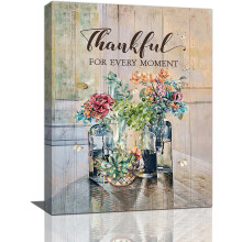 Farmhouse Floral Wall Art in Mason Jar with Thankful Quote