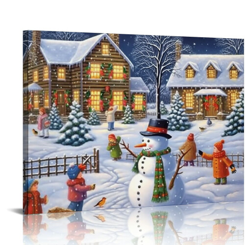 Lighted Christmas Tree and Snowman Canvas Art
