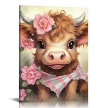 Quadro decorativo de parede com bezerro e flor rosa