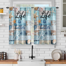 Rideaux de cuisine à thème plage, motif coquillages et poissons 36