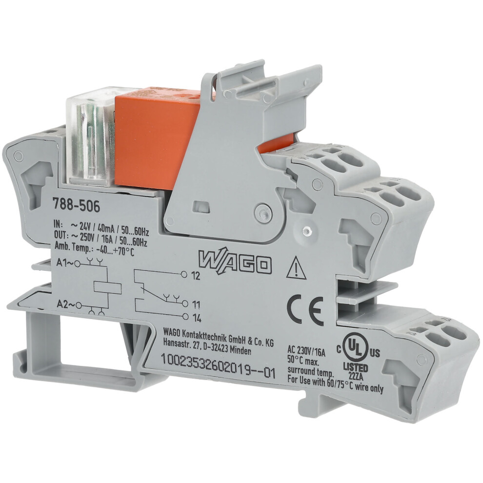 Wago 788-506 24Vac 16A Spdt-Co Din Rail Mountable Relay Module Red 4045454424121