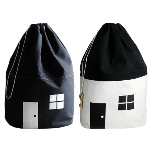 Kids Room Storage Drawstring Cotton Canvas Toy Organizer-White 1