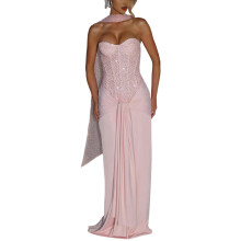 Women Sequins Strapless Bodycon Maxi Dress Wrap Ruched-Pink S