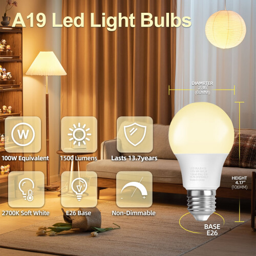 Ampoule LED A19, blanc chaud 2700K, 15W, 1500 lm 2