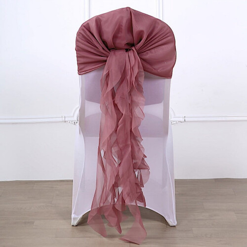 Capa de cadeira em chiffon cor malva com faixas encaracoladas 2