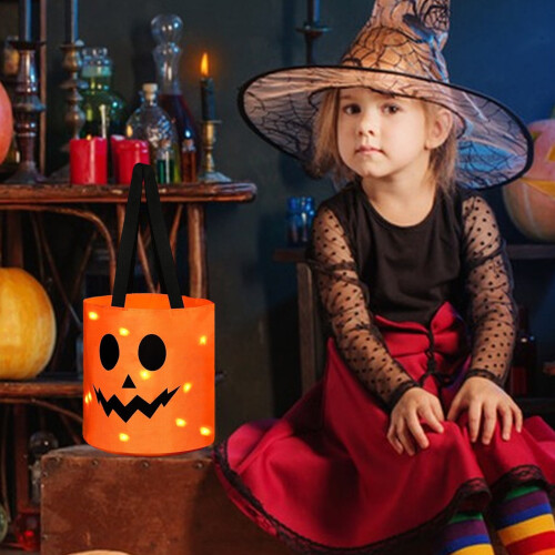 Wiederverwendbare, orangefarbene LED-Halloween-Süßigkeitentüten für Süßes oder Saures 2