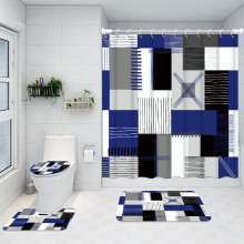 Ensemble rideau de douche bleu avec tapis de bain antidérapant et toilettes