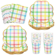Kariertes Papiergeschirr-Set, 24-teilig