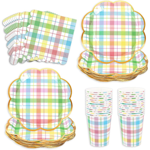 Kariertes Papiergeschirr-Set, 24-teilig