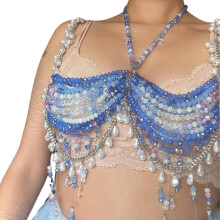 Women's Gradients Beaded Body Chain Halter Bra Chest-Blue