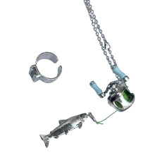 Interactieve visserij-reel sieraden charme ketting ring-Set 1