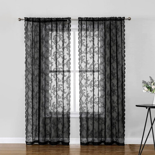 Black lace curtains tulle 39.4 inch 2-piece set 1