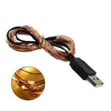 Luzes de cordão de fio de cobre com energia solar USB, 10/30/50 LEDs, branco quente.