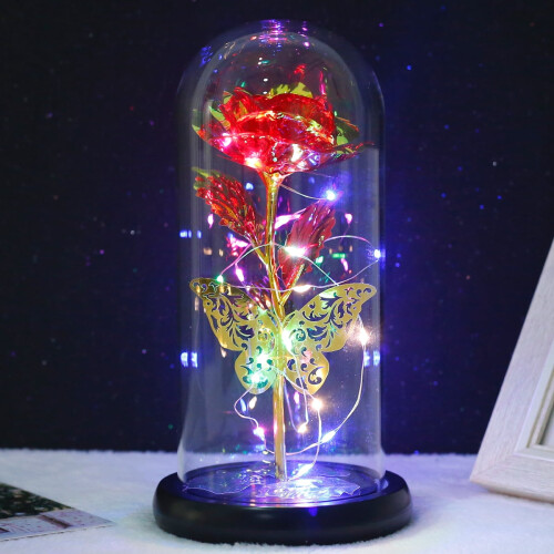 Cúpula de vidro com flor preservada Rosa Eterna e luzes de cordão. 1