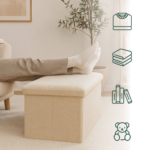 Folding Storage Bench with Teddy Fabric, 2-Seater 1