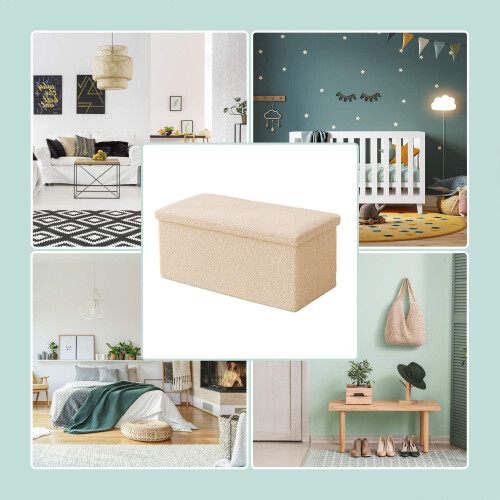 Folding Storage Bench with Teddy Fabric, 2-Seater 2